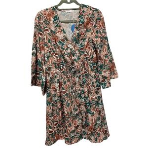 Cupshe Mini Dress Women Small Green Rust Paisley Floral Bell Sleeve V-Neck NWT